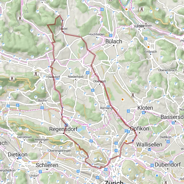 Map miniature of "Dielsdorf Adventure" cycling inspiration in Zürich, Switzerland. Generated by Tarmacs.app cycling route planner