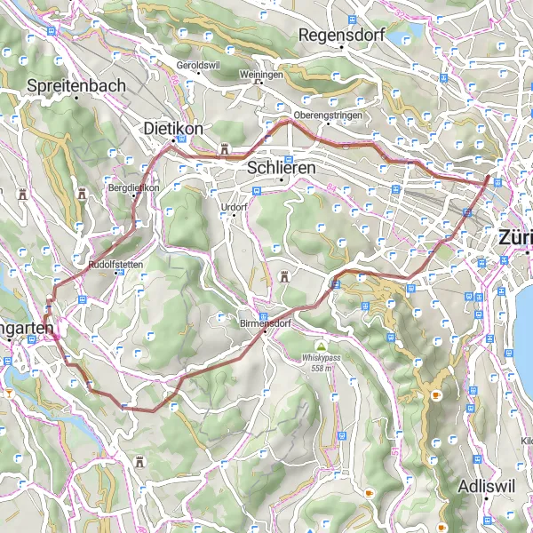 Kartminiatyr av "Grusbane rute til Waid" sykkelinspirasjon i Zürich, Switzerland. Generert av Tarmacs.app sykkelrutoplanlegger