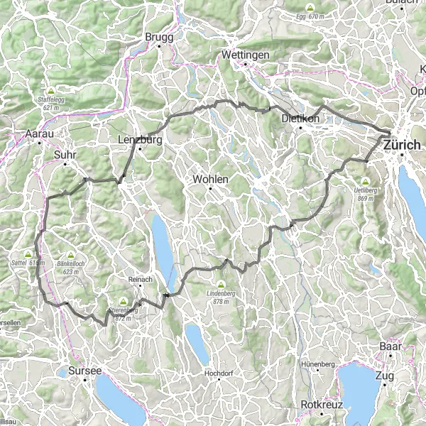 Kartminiatyr av "Zürich - Oberlunkhofen Loop" sykkelinspirasjon i Zürich, Switzerland. Generert av Tarmacs.app sykkelrutoplanlegger