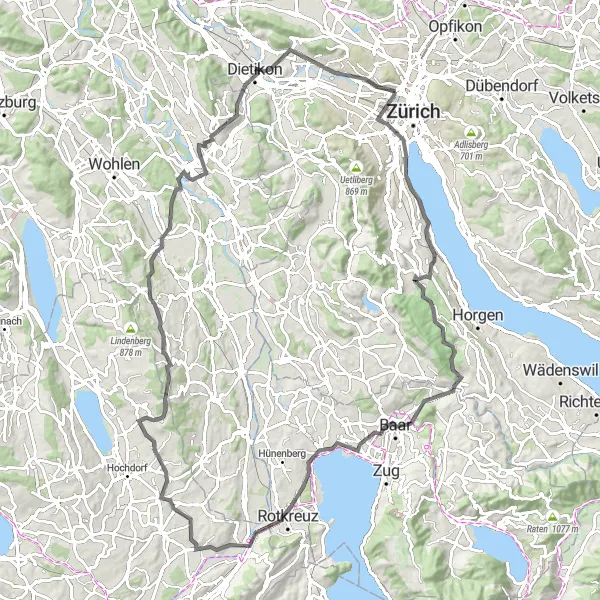 Kartminiatyr av "Zürich - Zufikon Loop" sykkelinspirasjon i Zürich, Switzerland. Generert av Tarmacs.app sykkelrutoplanlegger