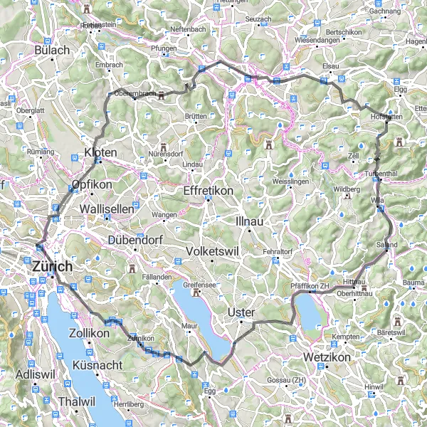Map miniature of "The Tower View Circuit" cycling inspiration in Zürich, Switzerland. Generated by Tarmacs.app cycling route planner