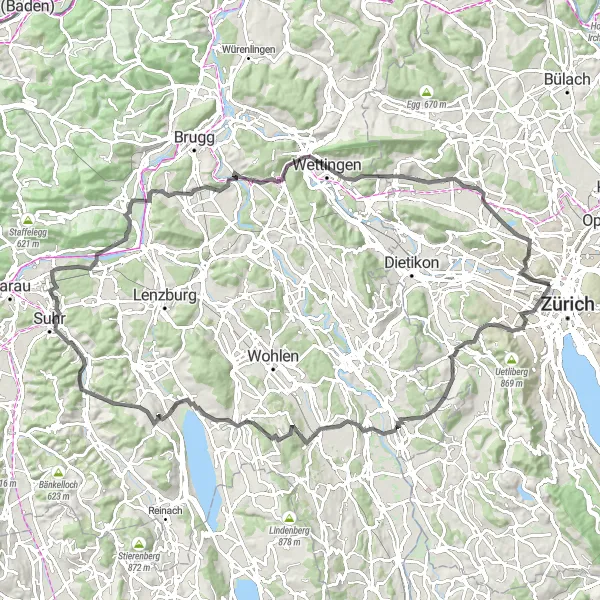 Map miniature of "Zürich Wipkingen - Oberlunkhofen - Foto-Spot Schloss Hallwyl - Boniswil - Brästenegg - Rohr - Mülligen - Stutz - Wettingen - Sulperg - Affoltern - Waid" cycling inspiration in Zürich, Switzerland. Generated by Tarmacs.app cycling route planner