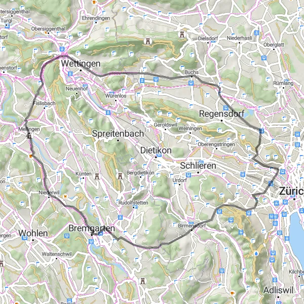 Map miniature of "The Hills of Zürich" cycling inspiration in Zürich, Switzerland. Generated by Tarmacs.app cycling route planner