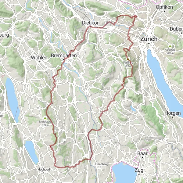 Mapa miniatúra "Gravel Rýchlika okolo Zürichu" cyklistická inšpirácia v Zürich, Switzerland. Vygenerované cyklistickým plánovačom trás Tarmacs.app