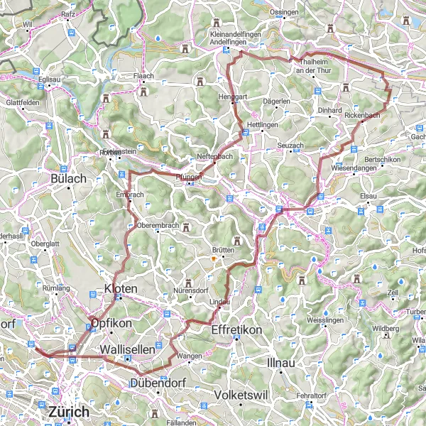 Miniaturní mapa "Gravelová cyklotrasa Seebach - Aussichtsturm" inspirace pro cyklisty v oblasti Zürich, Switzerland. Vytvořeno pomocí plánovače tras Tarmacs.app