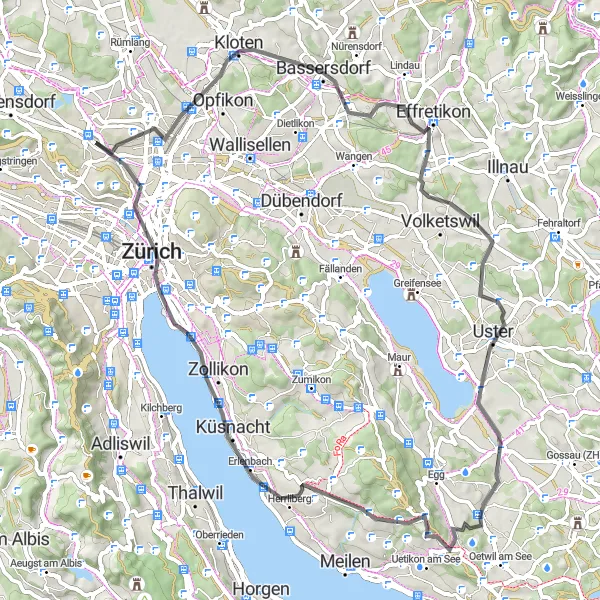 Miniatua del mapa de inspiración ciclista "Ruta en carretera a Glattbrugg y Affoltern" en Zürich, Switzerland. Generado por Tarmacs.app planificador de rutas ciclistas