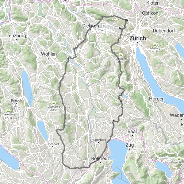 Kartminiatyr av "Zürich - Mutschellenpass - Gubrist Road Cycling Tour" sykkelinspirasjon i Zürich, Switzerland. Generert av Tarmacs.app sykkelrutoplanlegger