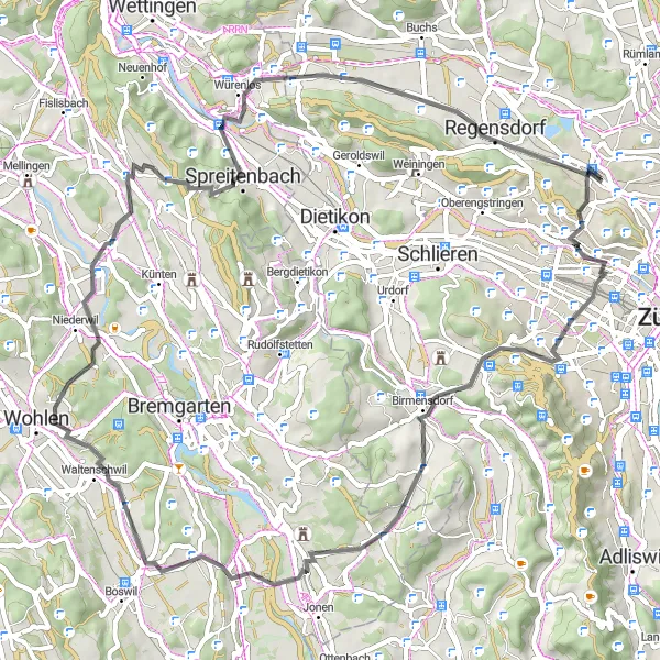 Miniatura della mappa di ispirazione al ciclismo "Viaggio Ciclistico da Affoltern a Hönggerberg" nella regione di Zürich, Switzerland. Generata da Tarmacs.app, pianificatore di rotte ciclistiche