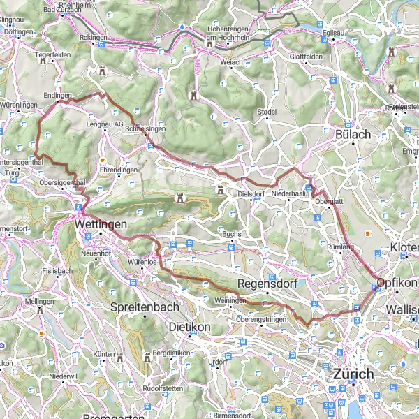 Mapa miniatúra "Gravel cycling route to Seebach and Schöfflisdorf" cyklistická inšpirácia v Zürich, Switzerland. Vygenerované cyklistickým plánovačom trás Tarmacs.app