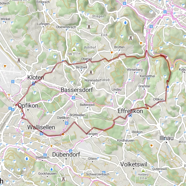 Map miniature of "Gravel Route - Kloten to Glattbrugg" cycling inspiration in Zürich, Switzerland. Generated by Tarmacs.app cycling route planner