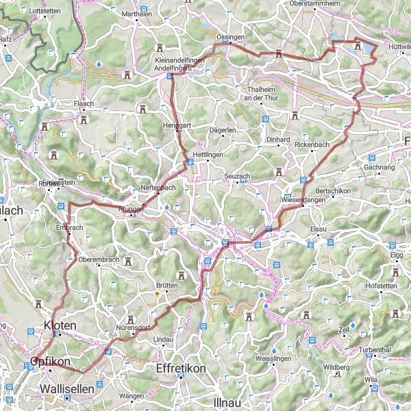 Miniatua del mapa de inspiración ciclista "Ruta de Grava de Embrach a Alte Sagi" en Zürich, Switzerland. Generado por Tarmacs.app planificador de rutas ciclistas