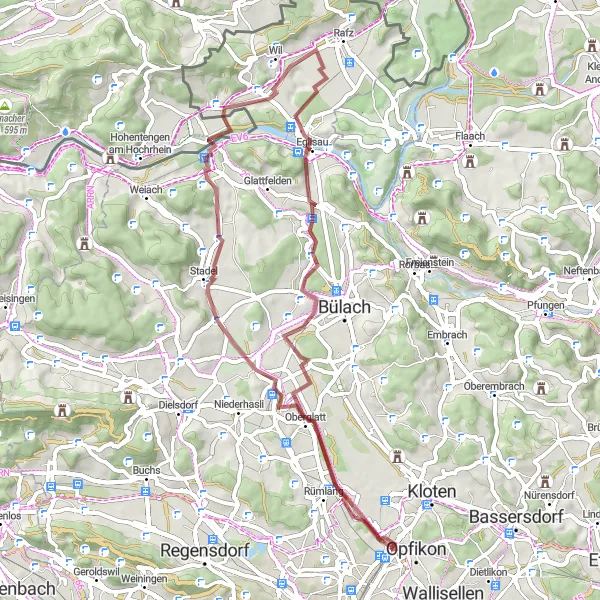Miniatura della mappa di ispirazione al ciclismo "Avventurosa Gravel Tour Hochfelden-Eglisau" nella regione di Zürich, Switzerland. Generata da Tarmacs.app, pianificatore di rotte ciclistiche