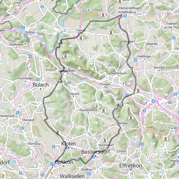 Mapa miniatúra "Cesta cez Bachenbülach a Henggart" cyklistická inšpirácia v Zürich, Switzerland. Vygenerované cyklistickým plánovačom trás Tarmacs.app