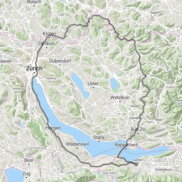 Miniaturekort af cykelinspirationen "Bakker og Søer Rute" i Zürich, Switzerland. Genereret af Tarmacs.app cykelruteplanlægger