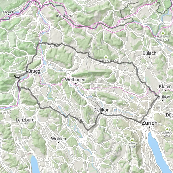 Mapa miniatúra "Scenic Road Cycling to Aussichtsturm and Villigen" cyklistická inšpirácia v Zürich, Switzerland. Vygenerované cyklistickým plánovačom trás Tarmacs.app