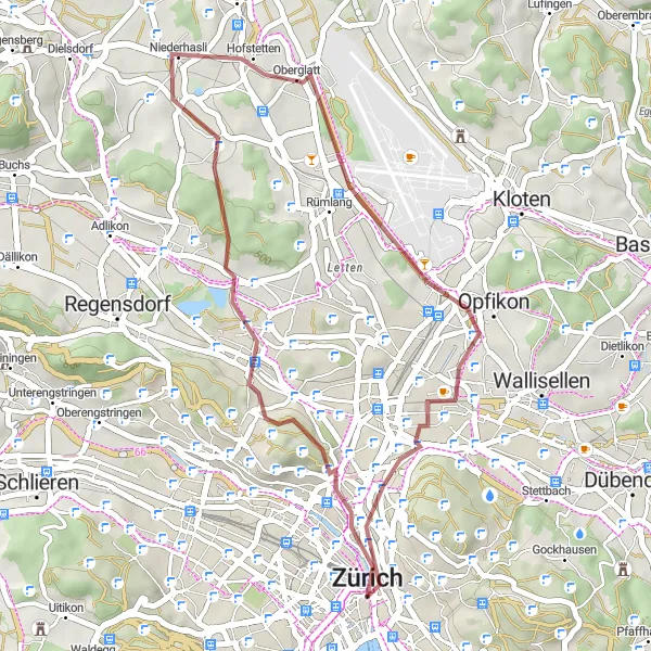 Miniatura della mappa di ispirazione al ciclismo "Tour delle colline panoramiche" nella regione di Zürich, Switzerland. Generata da Tarmacs.app, pianificatore di rotte ciclistiche