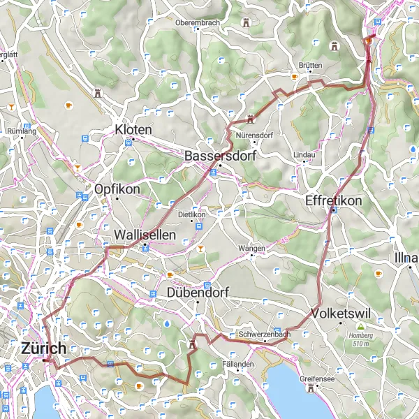 Mapa miniatúra "Okruh Monte Diggelmann" cyklistická inšpirácia v Zürich, Switzerland. Vygenerované cyklistickým plánovačom trás Tarmacs.app