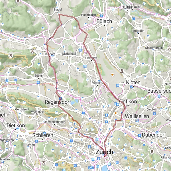 Miniatua del mapa de inspiración ciclista "Ruta de Grava desde Höngg a Unterstrass" en Zürich, Switzerland. Generado por Tarmacs.app planificador de rutas ciclistas