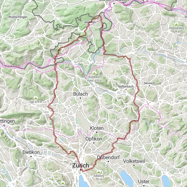 Miniaturekort af cykelinspirationen "Eventyrlig Grusvej langs Hønggerberg-ruten" i Zürich, Switzerland. Genereret af Tarmacs.app cykelruteplanlægger