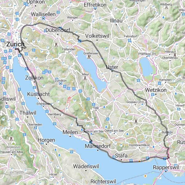 Kartminiatyr av "Zürich til Bubikon Loop" sykkelinspirasjon i Zürich, Switzerland. Generert av Tarmacs.app sykkelrutoplanlegger