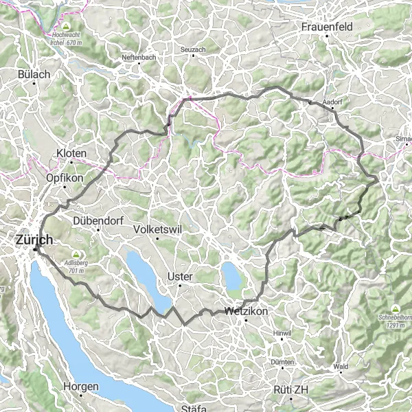 Zemljevid v pomanjšavi "Kolesarska pot okoli Züricha preko Monte Diggelmann" kolesarske inspiracije v Zürich, Switzerland. Generirano z načrtovalcem kolesarskih poti Tarmacs.app