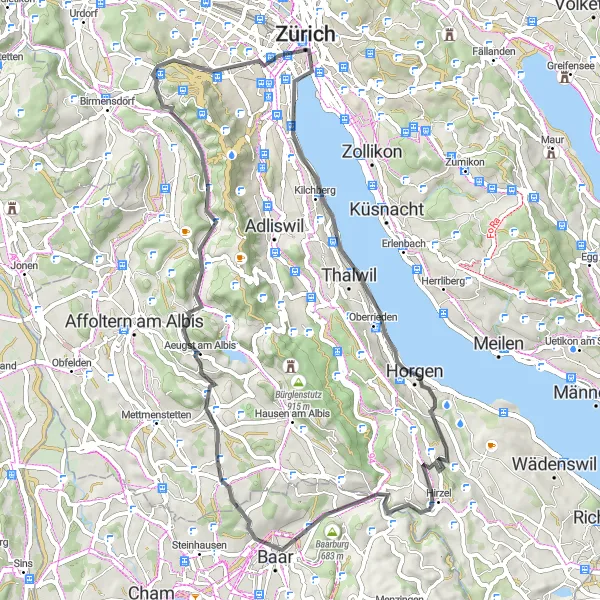 Karttaminiaatyyri "Quaibrücke ja Zürich - road cycling adventure near Zürich" pyöräilyinspiraatiosta alueella Zürich, Switzerland. Luotu Tarmacs.app pyöräilyreittisuunnittelijalla