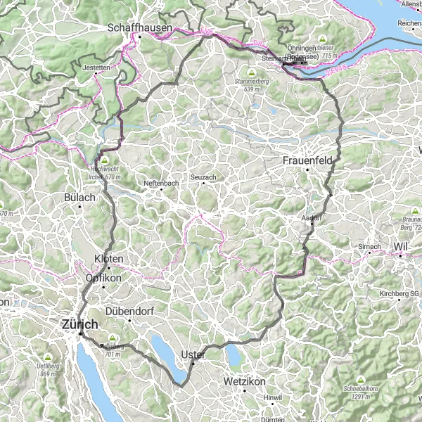 Miniatua del mapa de inspiración ciclista "Ruta en Carretera por la Periferia de Zürich" en Zürich, Switzerland. Generado por Tarmacs.app planificador de rutas ciclistas