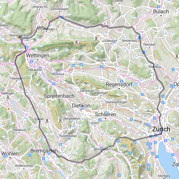 Karttaminiaatyyri "Zurich to Monte Diggelmann Loop" pyöräilyinspiraatiosta alueella Zürich, Switzerland. Luotu Tarmacs.app pyöräilyreittisuunnittelijalla