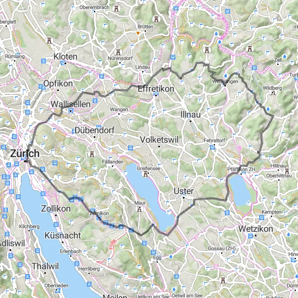 Miniatura della mappa di ispirazione al ciclismo "Giro panoramico intorno a Zürich" nella regione di Zürich, Switzerland. Generata da Tarmacs.app, pianificatore di rotte ciclistiche