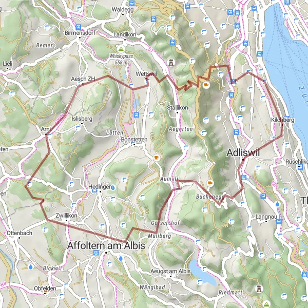 Miniatuurkaart van de fietsinspiratie "Gravelroute van Wollishofen naar Wettswil" in Zürich, Switzerland. Gemaakt door de Tarmacs.app fietsrouteplanner