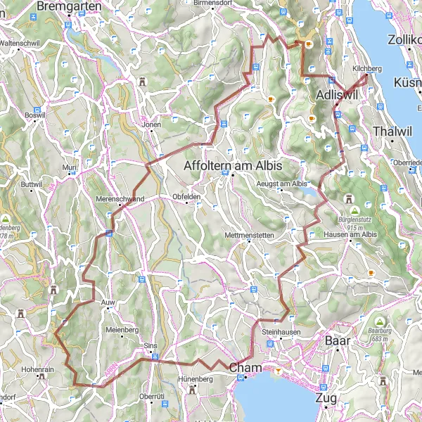 Mapa miniatúra "Gravel Route via Langnau and Rothirsch" cyklistická inšpirácia v Zürich, Switzerland. Vygenerované cyklistickým plánovačom trás Tarmacs.app