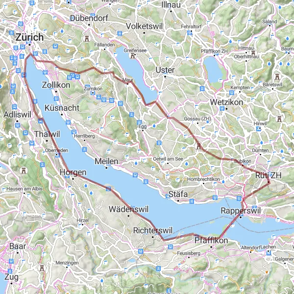 Zemljevid v pomanjšavi "Wollishofen - Wädenswil Gravel Exploration" kolesarske inspiracije v Zürich, Switzerland. Generirano z načrtovalcem kolesarskih poti Tarmacs.app