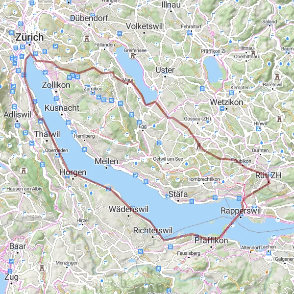 Kartminiatyr av "Zürich Lake District Gravel Route" sykkelinspirasjon i Zürich, Switzerland. Generert av Tarmacs.app sykkelrutoplanlegger