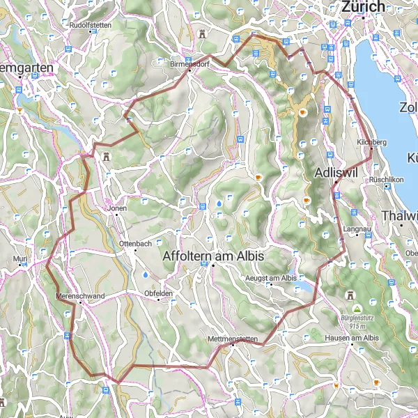 Miniatura della mappa di ispirazione al ciclismo "Avventura in Gravel attraverso Rothirsch e Aristau" nella regione di Zürich, Switzerland. Generata da Tarmacs.app, pianificatore di rotte ciclistiche