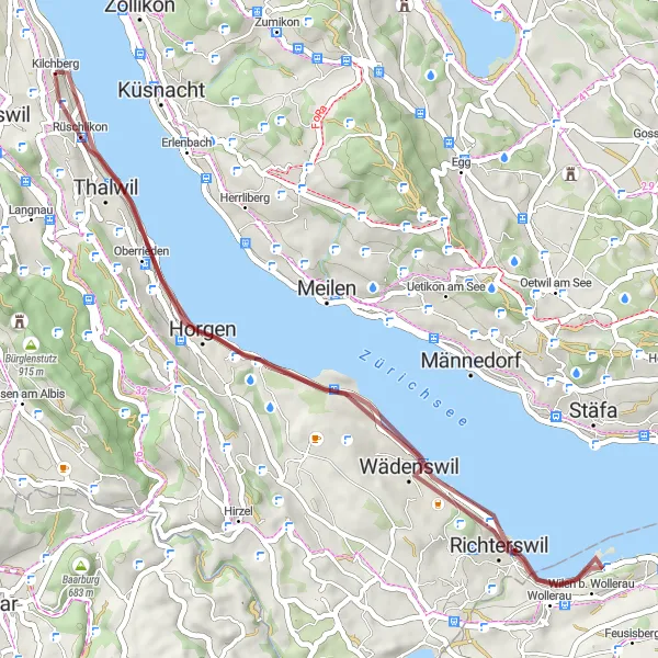 Miniatura della mappa di ispirazione al ciclismo "Avventura in bicicletta tra Thalwil, Wollerau e Oberrieden" nella regione di Zürich, Switzerland. Generata da Tarmacs.app, pianificatore di rotte ciclistiche