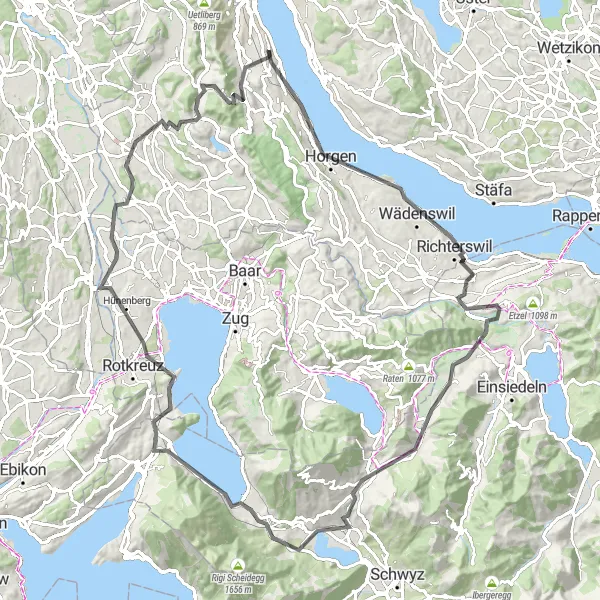 Mapa miniatúra "Road Route via Horgen and Wädenswil" cyklistická inšpirácia v Zürich, Switzerland. Vygenerované cyklistickým plánovačom trás Tarmacs.app