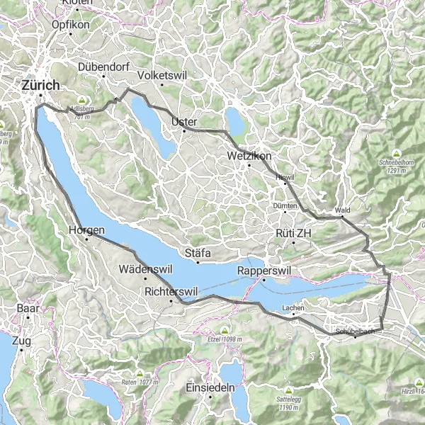Mapa miniatúra "Okolo Zürichu a okolitých jezer" cyklistická inšpirácia v Zürich, Switzerland. Vygenerované cyklistickým plánovačom trás Tarmacs.app