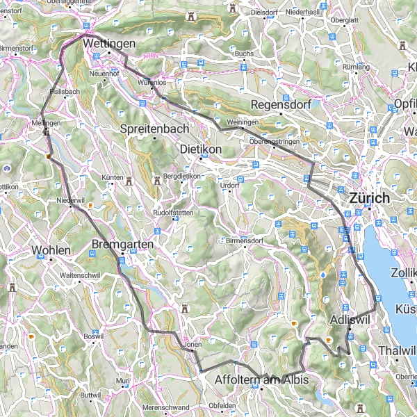 Mapa miniatúra "Prozkoumání alpských vesniček" cyklistická inšpirácia v Zürich, Switzerland. Vygenerované cyklistickým plánovačom trás Tarmacs.app