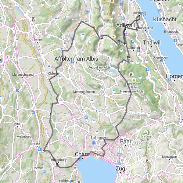 Map miniature of "Albis Challenge" cycling inspiration in Zürich, Switzerland. Generated by Tarmacs.app cycling route planner