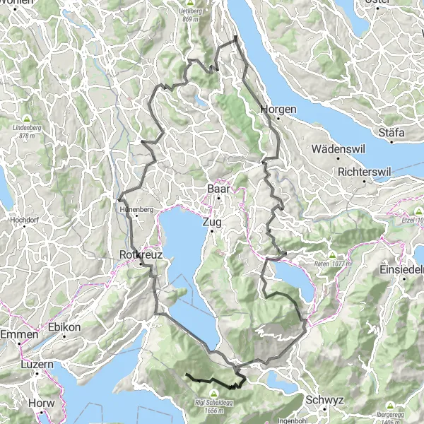 Karttaminiaatyyri "Zürich - Wollishofen - Rüschlikon - Hirzel Höchi, Aussichtspunkt - Oberägeri - Ägerisee - Chaiserstock - Steinerberg - Oberarth - Reuss - Sins - Affoltern am Albis - Aeugsterberg - Rothirsch - Adliswil - Zürich" pyöräilyinspiraatiosta alueella Zürich, Switzerland. Luotu Tarmacs.app pyöräilyreittisuunnittelijalla