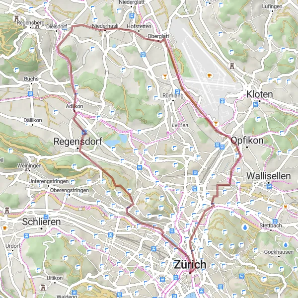 Mapa miniatúra "Countryside Gravel Loop to Glattbrugg" cyklistická inšpirácia v Zürich, Switzerland. Vygenerované cyklistickým plánovačom trás Tarmacs.app