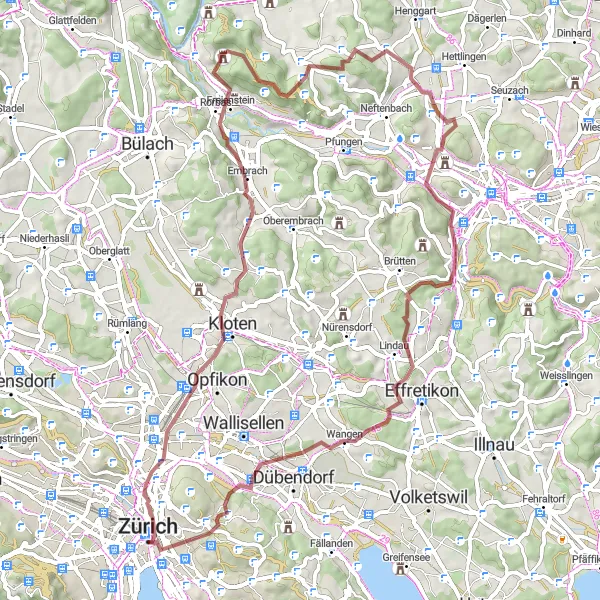 Zemljevid v pomanjšavi "Raznolika pot skozi Zürich in okolico" kolesarske inspiracije v Zürich, Switzerland. Generirano z načrtovalcem kolesarskih poti Tarmacs.app
