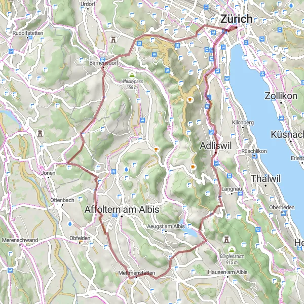 Miniaturní mapa "Gravel cyklistická trasa s výstupem na 803 metrů a délkou 47 km" inspirace pro cyklisty v oblasti Zürich, Switzerland. Vytvořeno pomocí plánovače tras Tarmacs.app