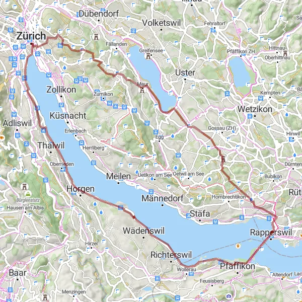 Miniature de la carte de l'inspiration cycliste "Escapade à vélo à travers les collines et les lacs de Zurich" dans la Zürich, Switzerland. Générée par le planificateur d'itinéraire cycliste Tarmacs.app
