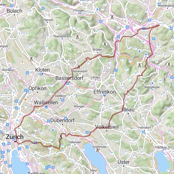 Miniatura della mappa di ispirazione al ciclismo "Giro in mountain bike intorno a Zürich" nella regione di Zürich, Switzerland. Generata da Tarmacs.app, pianificatore di rotte ciclistiche