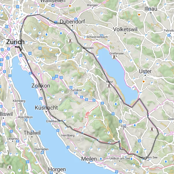 Miniatuurkaart van de fietsinspiratie "Zürichsee en Uetliberg-route" in Zürich, Switzerland. Gemaakt door de Tarmacs.app fietsrouteplanner
