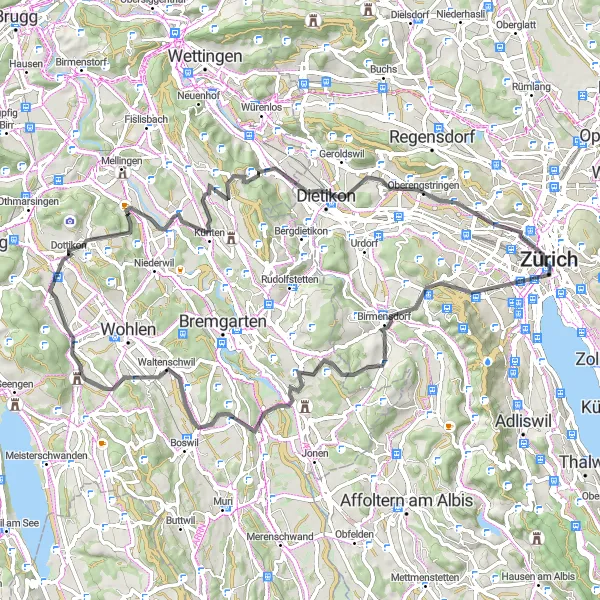 Map miniature of "The Zurich Hills Adventure" cycling inspiration in Zürich, Switzerland. Generated by Tarmacs.app cycling route planner