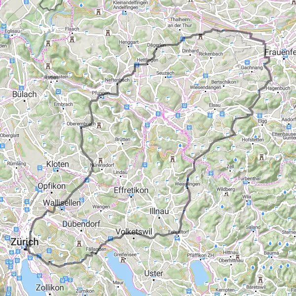 Miniatura della mappa di ispirazione al ciclismo "Esplorazione Panoramica delle Colline Zurighesi" nella regione di Zürich, Switzerland. Generata da Tarmacs.app, pianificatore di rotte ciclistiche