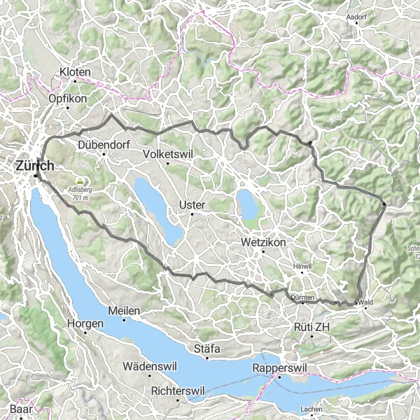 Mapa miniatúra "Náročná cyklotrasa po okolí Zürichu" cyklistická inšpirácia v Zürich, Switzerland. Vygenerované cyklistickým plánovačom trás Tarmacs.app