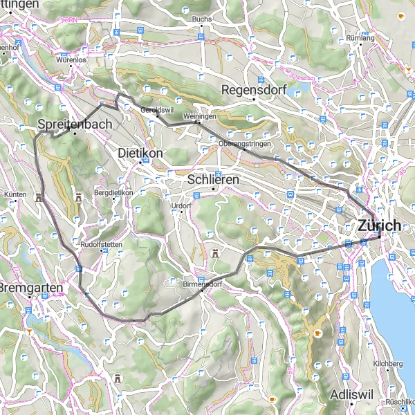 Miniatua del mapa de inspiración ciclista "Ruta de 43km en carretera por Zurich y Widen" en Zürich, Switzerland. Generado por Tarmacs.app planificador de rutas ciclistas